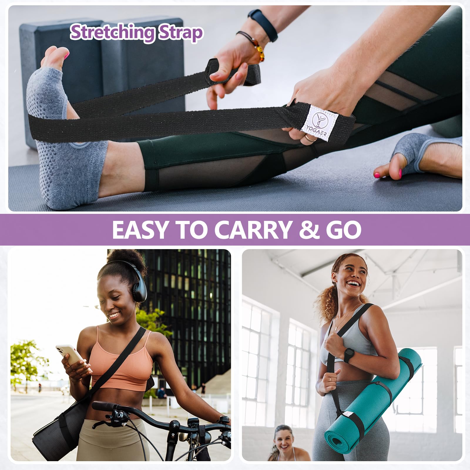 YOGAER Yoga Mat Carrier Strap, Adjustable Thick Straps Sling for Carrying Large Mats, Stretching Band