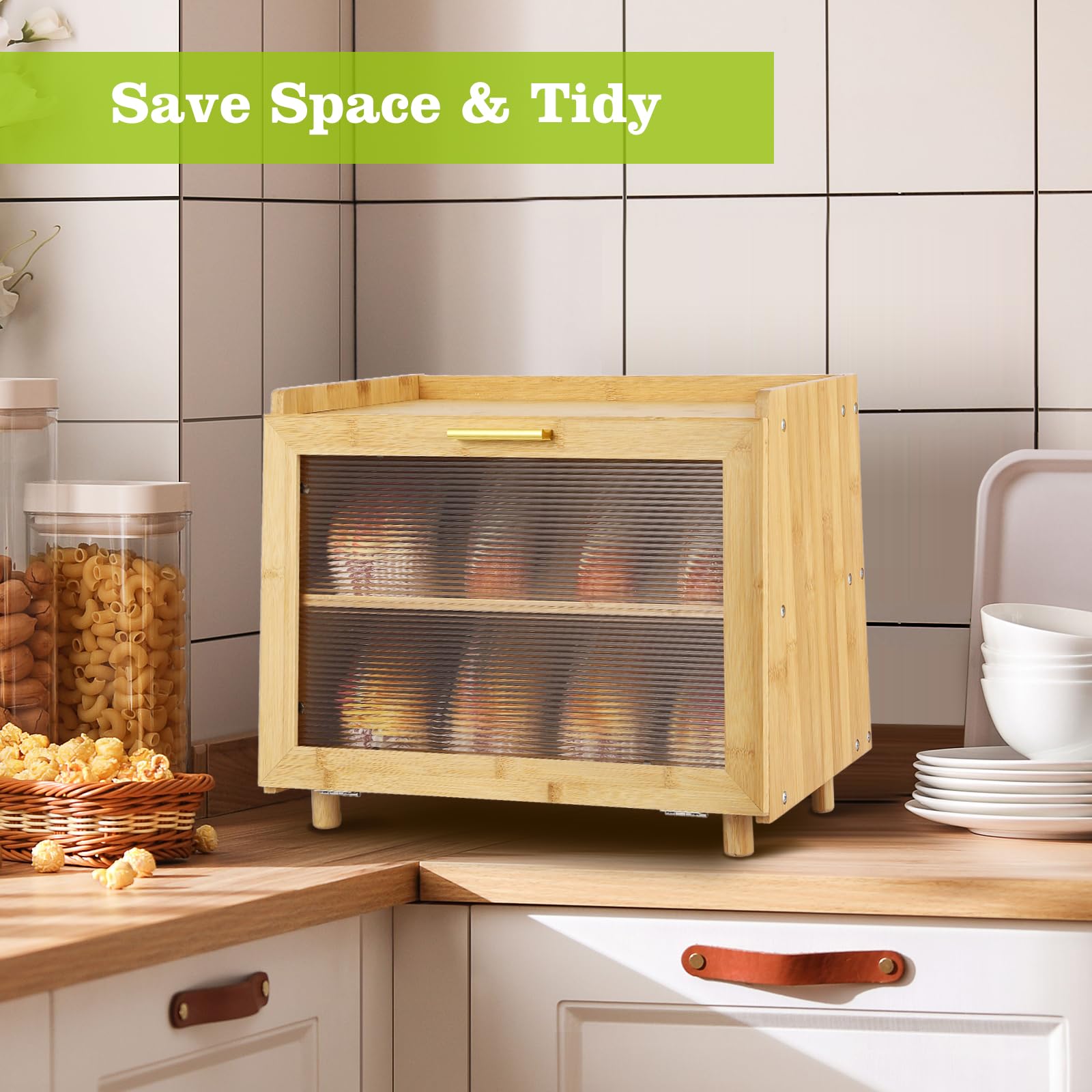MilleLoom 2 Layer Bread Box, Modern Countertop Bread Storage Bin with Fence Top, Transparent Acrylic Door Panel, Farmhouse Bamboo Corner Bread Container Bread Keeper for Kitchen, Black