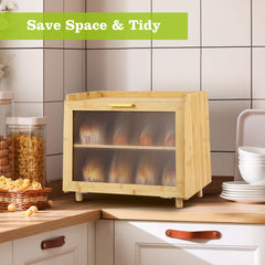 MilleLoom 2 Layer Bread Box, Modern Countertop Bread Storage Bin with Fence Top, Transparent Acrylic Door Panel, Farmhouse Bamboo Corner Bread Container Bread Keeper for Kitchen, Black