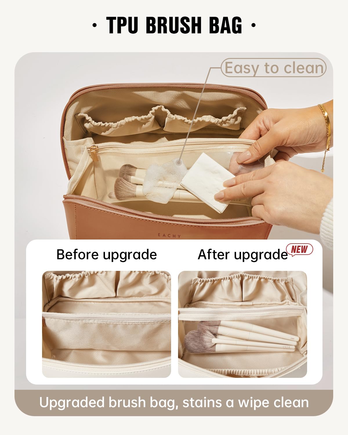 EACHY Travel Makeup Bag,Large Capacity Cosmetic Bags for Women,Waterproof Portable Pouch Open Flat Toiletry Bag Make up Bag with Divider and Handle, Christmas Gifts (Brown, Medium)