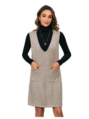 OYOANGLE Women's V Neck Sleeveless Knitted Solid Short Sweater Dress with Pockets Khaki M