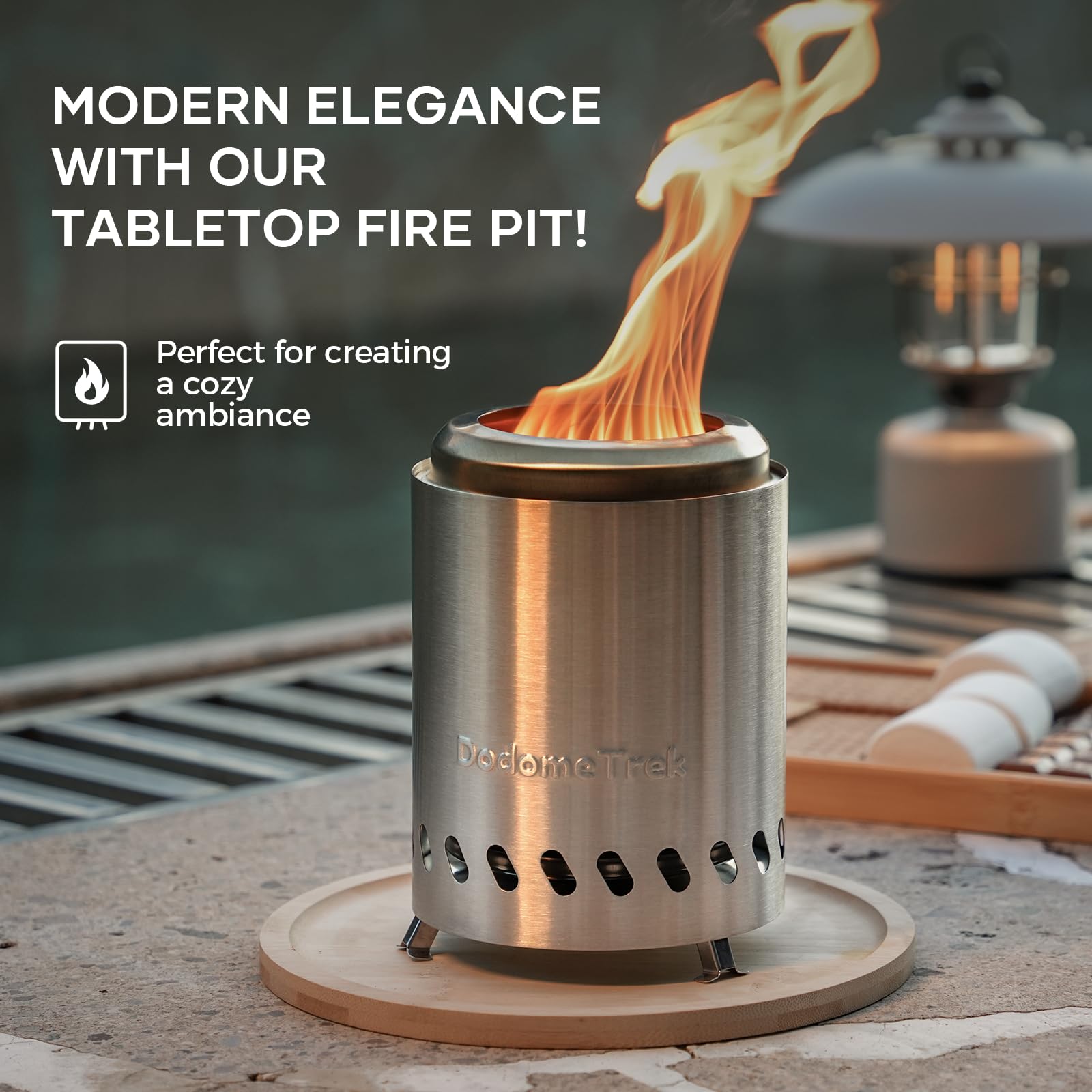 DodomeTrek Tabletop Fire Pit-7.1'' Smokeless Firepits with Carry Bag, Mini Outdoor Fire Pit with Stand, Portable Camping Firepit Stove for Patio | Fueled by Pellets or Wood | Silver Stainless Steel