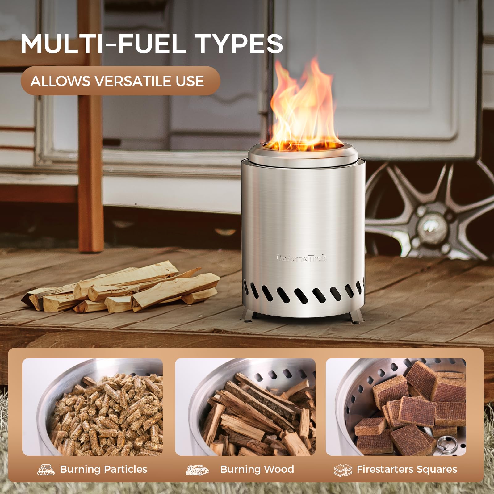 DodomeTrek Tabletop Fire Pit-7.1'' Smokeless Firepits with Carry Bag, Mini Outdoor Fire Pit with Stand, Portable Camping Firepit Stove for Patio | Fueled by Pellets or Wood | Silver Stainless Steel