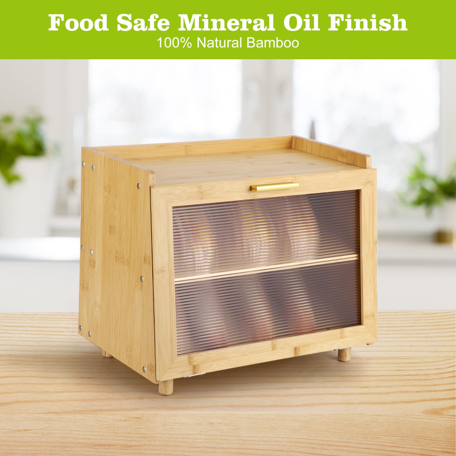 MilleLoom 2 Layer Bread Box, Modern Countertop Bread Storage Bin with Fence Top, Transparent Acrylic Door Panel, Farmhouse Bamboo Corner Bread Container Bread Keeper for Kitchen, Black