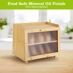 MilleLoom 2 Layer Bread Box, Modern Countertop Bread Storage Bin with Fence Top, Transparent Acrylic Door Panel, Farmhouse Bamboo Corner Bread Container Bread Keeper for Kitchen, Black