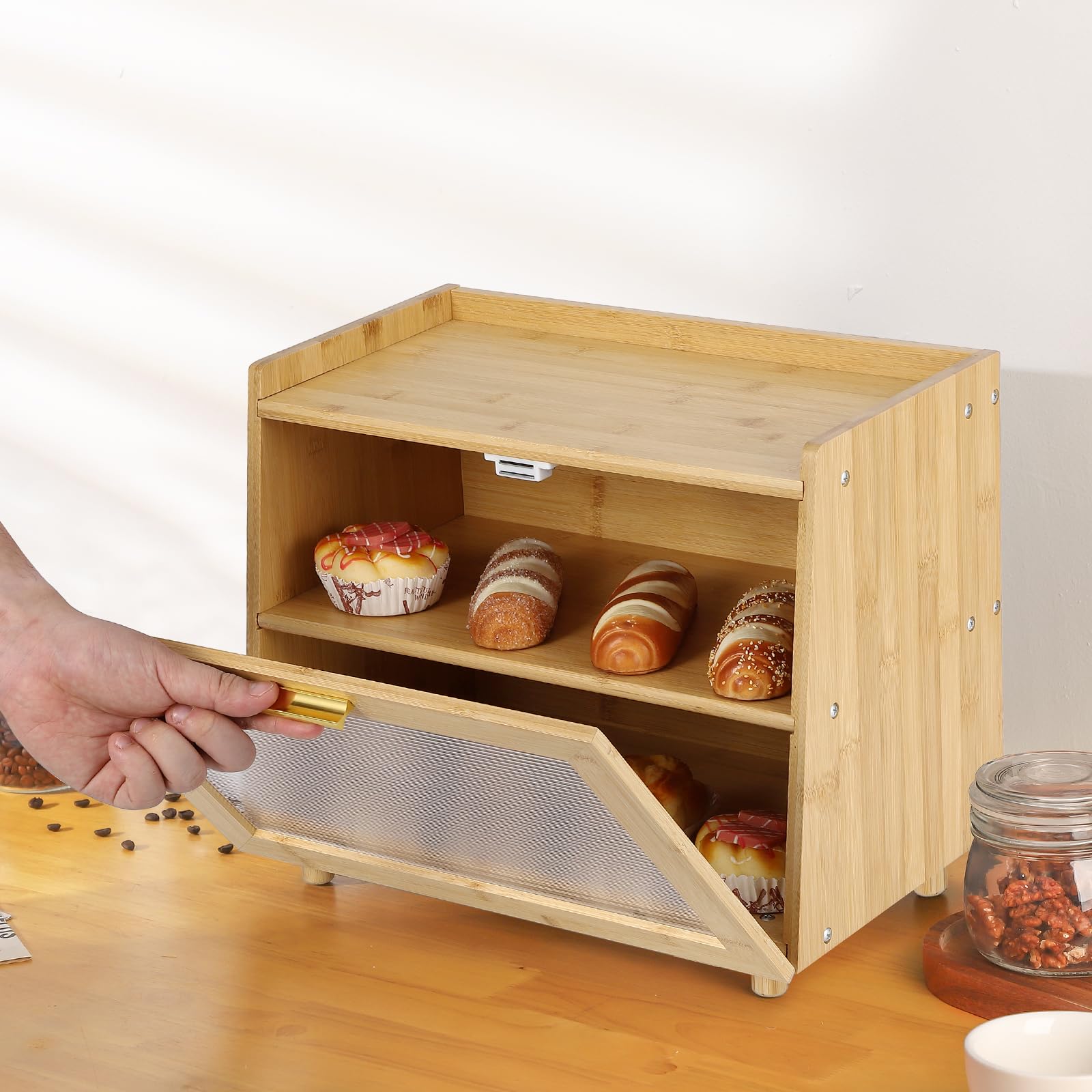 MilleLoom 2 Layer Bread Box, Modern Countertop Bread Storage Bin with Fence Top, Transparent Acrylic Door Panel, Farmhouse Bamboo Corner Bread Container Bread Keeper for Kitchen, Black
