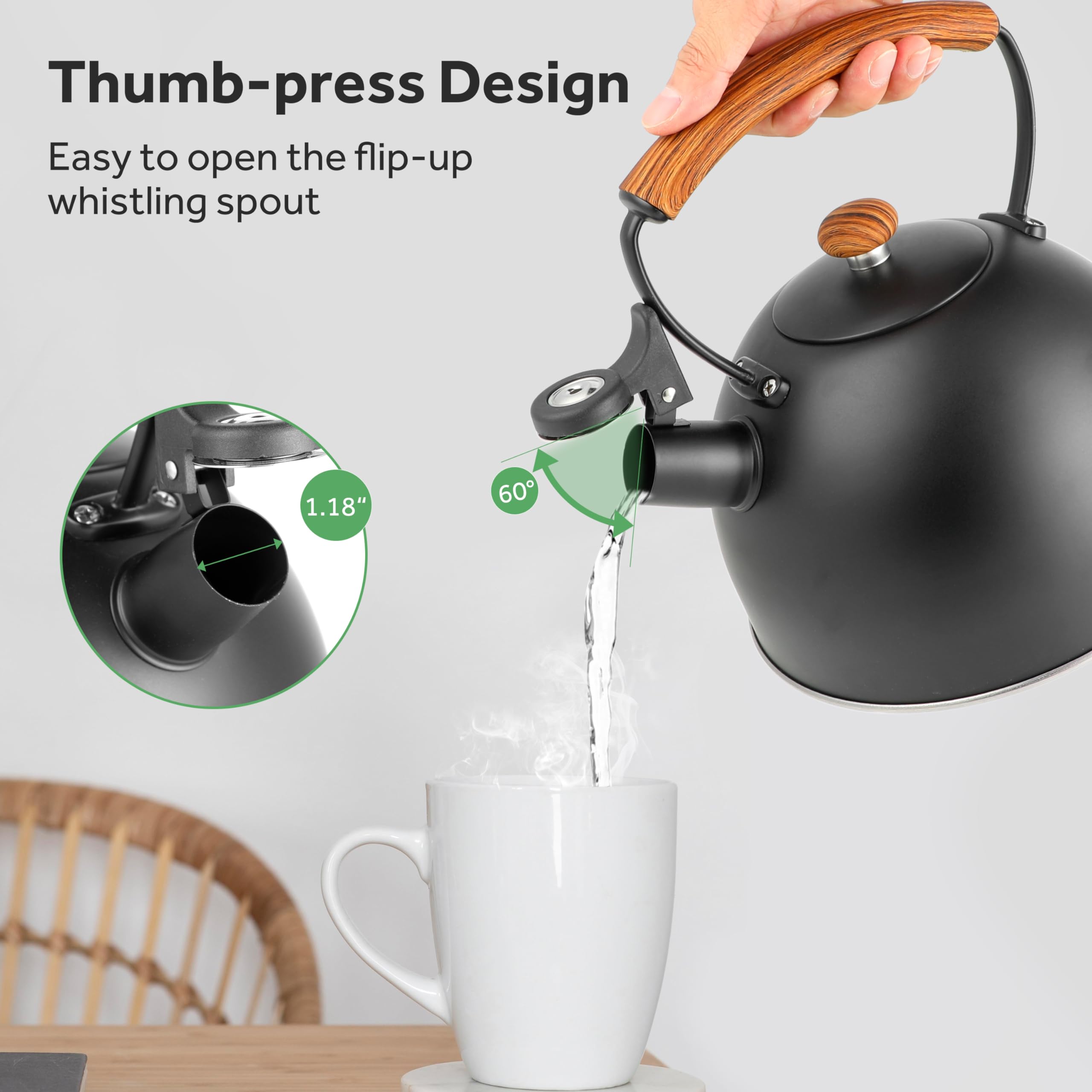 Whistling Stovetop Tea Kettle, 3.2 Quart Stainless Steel Teapot with Cool Touch Ergonomic Handle, Hot Water Fast to Boil, Black