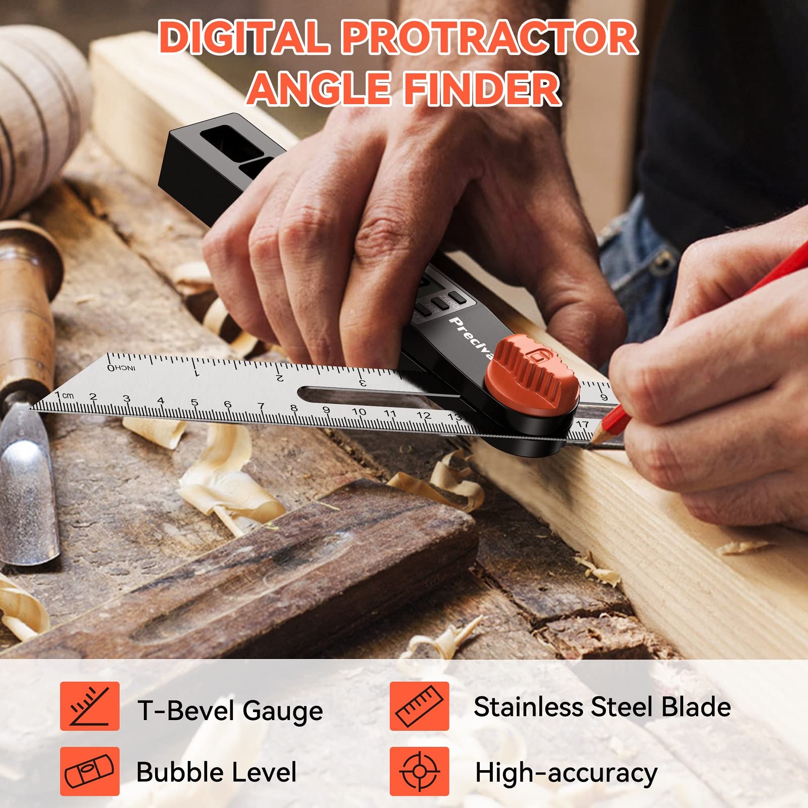 Preciva T-Bevel Gauge & Protractor with Horizontal and Vertical Bubble,0-338° Digital Angle Finder Protractor 230mm/8inch Display for Carpentry Woodworking, Metalworking, Construction