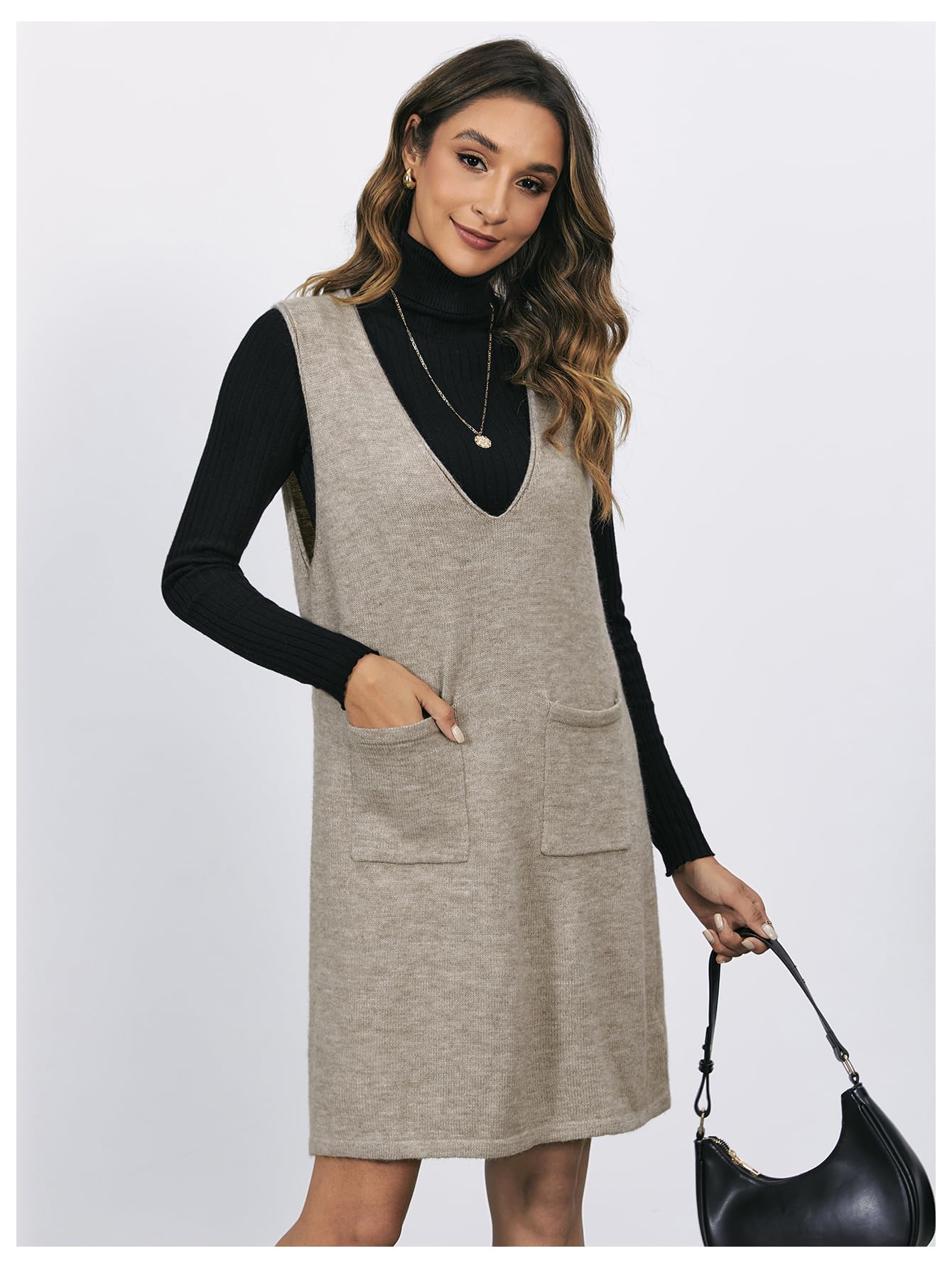 OYOANGLE Women's V Neck Sleeveless Knitted Solid Short Sweater Dress with Pockets Khaki M