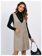 OYOANGLE Women's V Neck Sleeveless Knitted Solid Short Sweater Dress with Pockets Khaki M