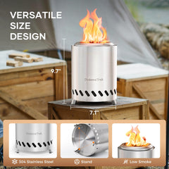 DodomeTrek Tabletop Fire Pit-7.1'' Smokeless Firepits with Carry Bag, Mini Outdoor Fire Pit with Stand, Portable Camping Firepit Stove for Patio | Fueled by Pellets or Wood | Silver Stainless Steel
