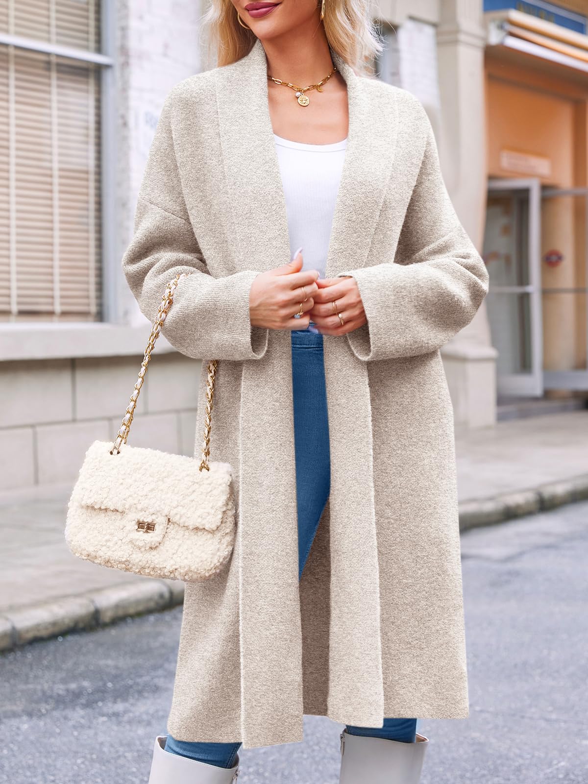 Saodimallsu Womens Open Front Chunky Cardigan Long Oversized Loose Knit Coatigan Sweater Jacket 2024 Fall Coats Apricot