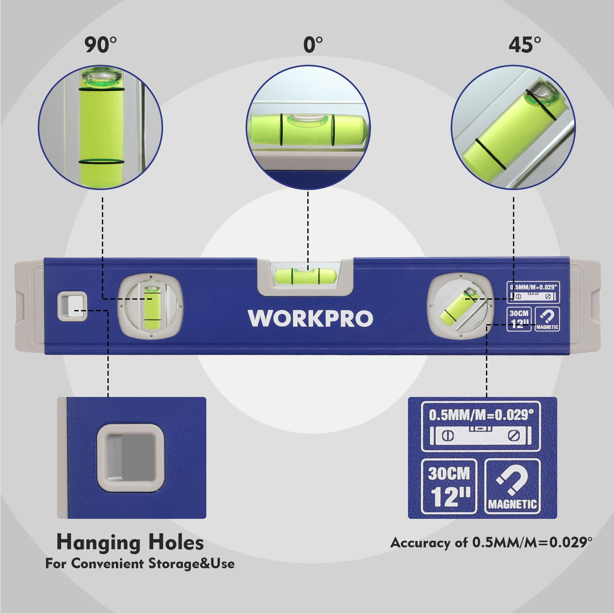 WORKPRO 3-Piece Spirit Level Set (12", 20", 40"), Level Set with Magnetic Torpedo Level, 45°/90°/180°Bubbles Measuring, Open Top View Design, Aluminium Alloy Levels with Carrying Bag