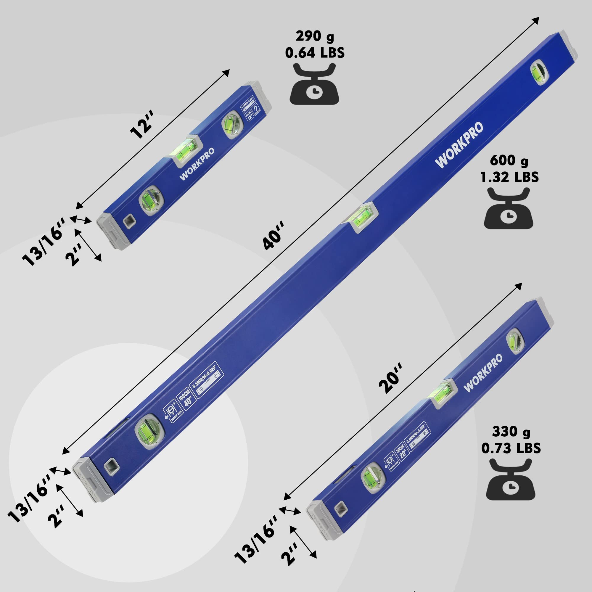 WORKPRO 3-Piece Spirit Level Set (12", 20", 40"), Level Set with Magnetic Torpedo Level, 45°/90°/180°Bubbles Measuring, Open Top View Design, Aluminium Alloy Levels with Carrying Bag