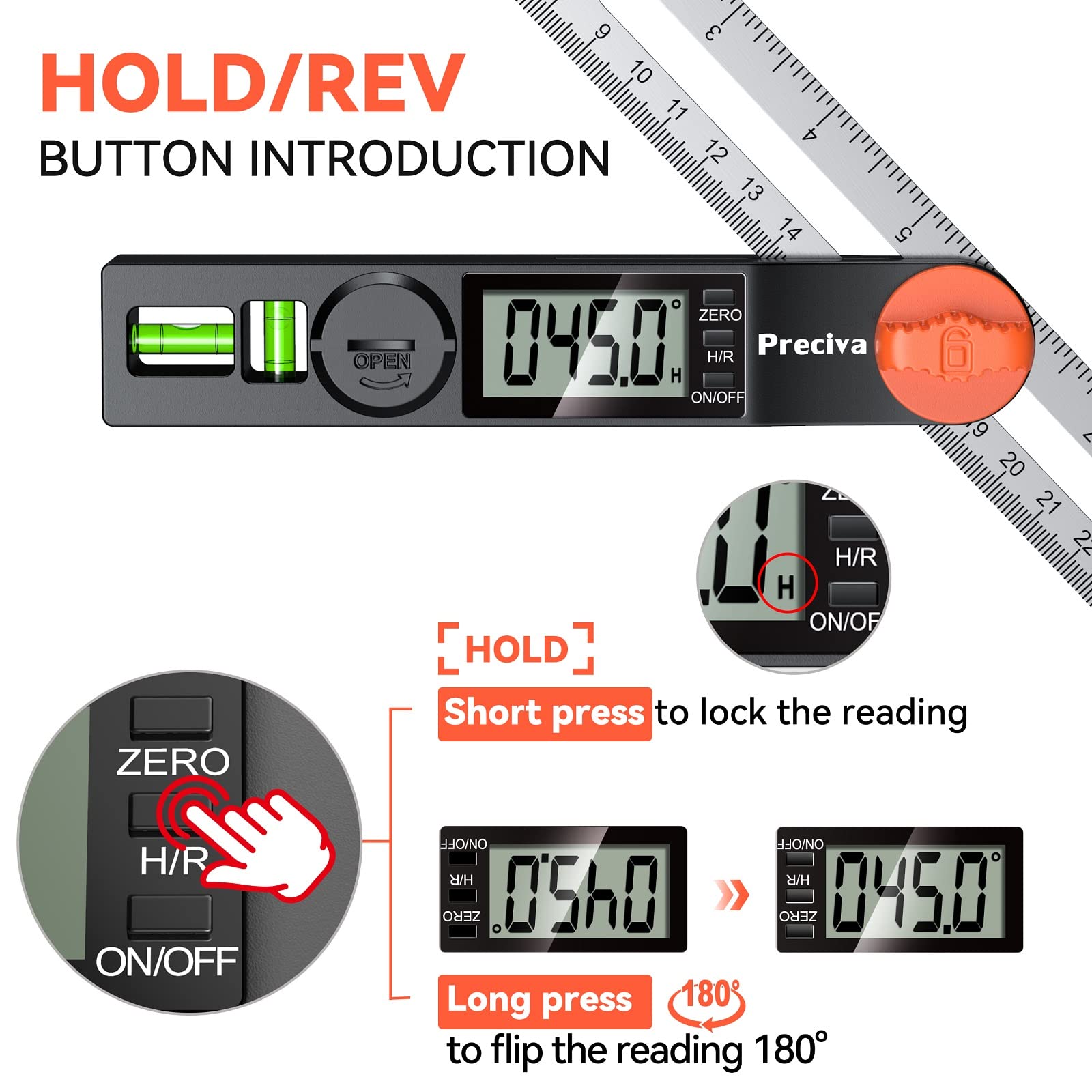 Preciva T-Bevel Gauge & Protractor with Horizontal and Vertical Bubble,0-338° Digital Angle Finder Protractor 230mm/8inch Display for Carpentry Woodworking, Metalworking, Construction