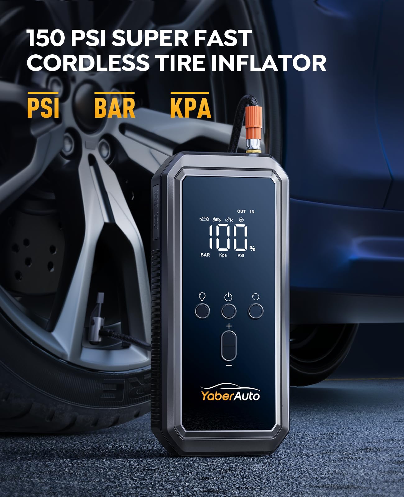 Portable Car Jump Starter with Air Compressor, YaberAuto 150PSI 4500A Car Battery Jump Starter (9.0 Gas/8.0L Diesel), 12V Jump Box Car Battery Jumper Starter with Large LCD Display, Lights