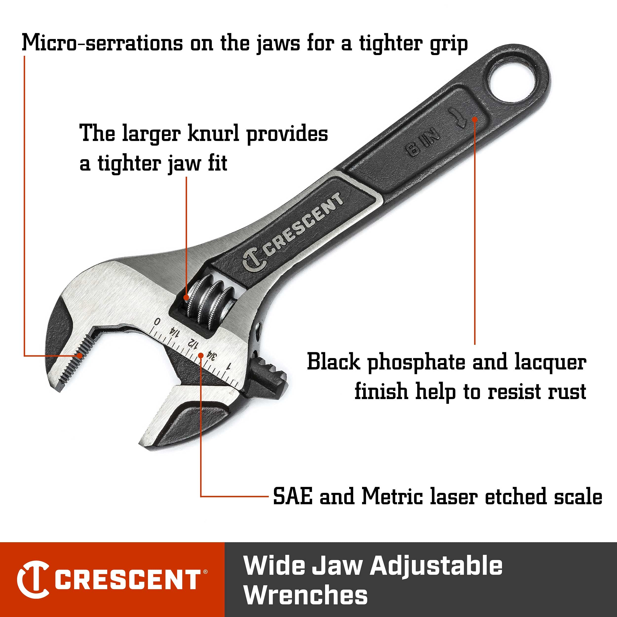 Crescent Wide Jaw Adjustable Wrench - Home Improvement, Repair & Garage Hand Tool - Wide Mouth Versatile Plumbing Tool - 6" - ATWJ26VS