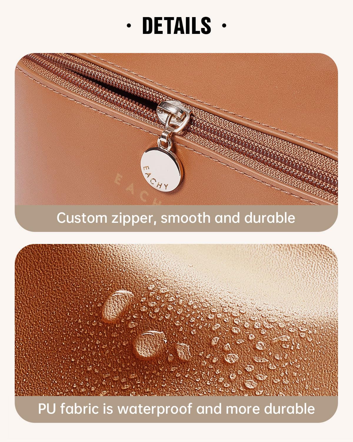 EACHY Travel Makeup Bag,Large Capacity Cosmetic Bags for Women,Waterproof Portable Pouch Open Flat Toiletry Bag Make up Bag with Divider and Handle, Christmas Gifts (Brown, Medium)