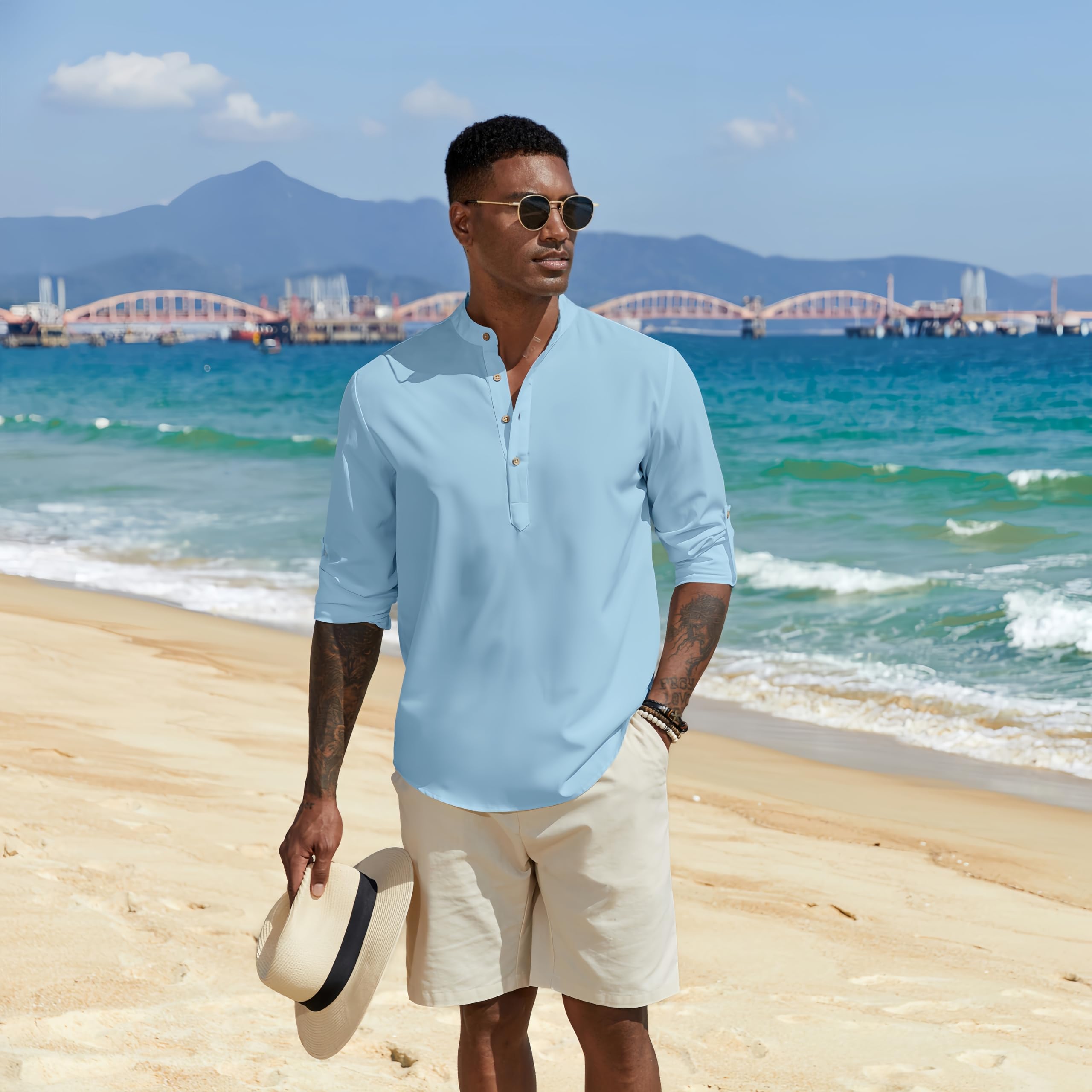 COOFANDY Men's T-Shirts Henley Shirts Summer Long Sleeve Beach Shirts Plain Casual Hippie Breathable Shirts Blue