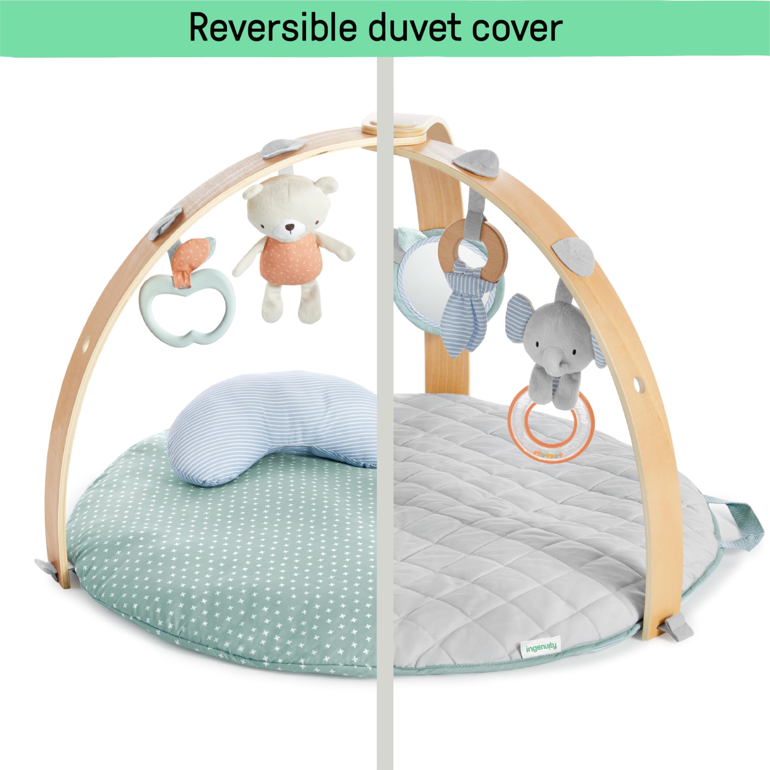 Ingenuity Cozy Spot Reversible Duvet Activity Gym & Play Mat with Wooden Toy bar - Loamy, Newborn and up