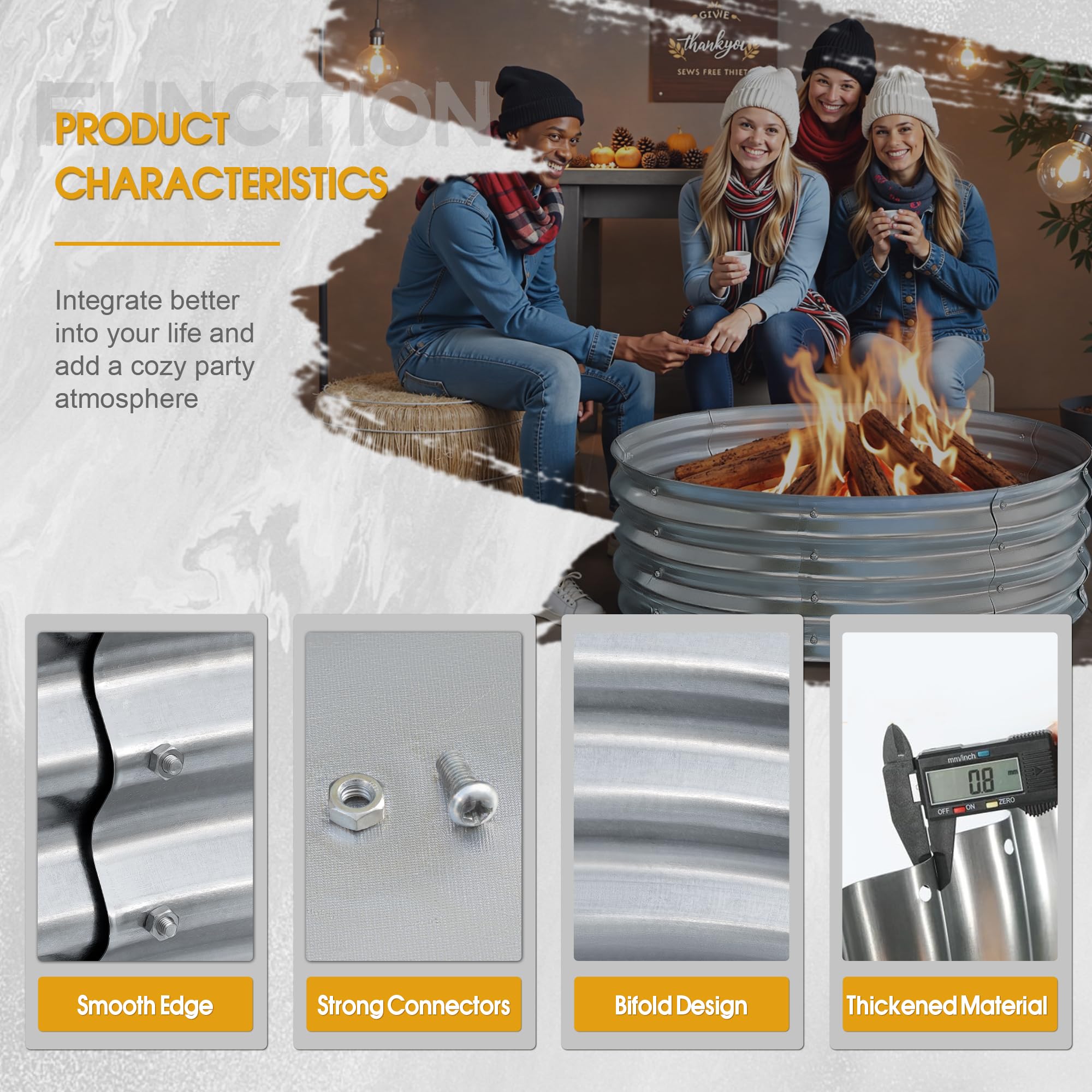 Flamaker 60 Inch Fire Pit Ring for Outside Wood Burning Smokeless Patio Round Galvanized Fire Pits Metal Fordable Outdoor Fireplaces for Camping, Backyard, Bonfire