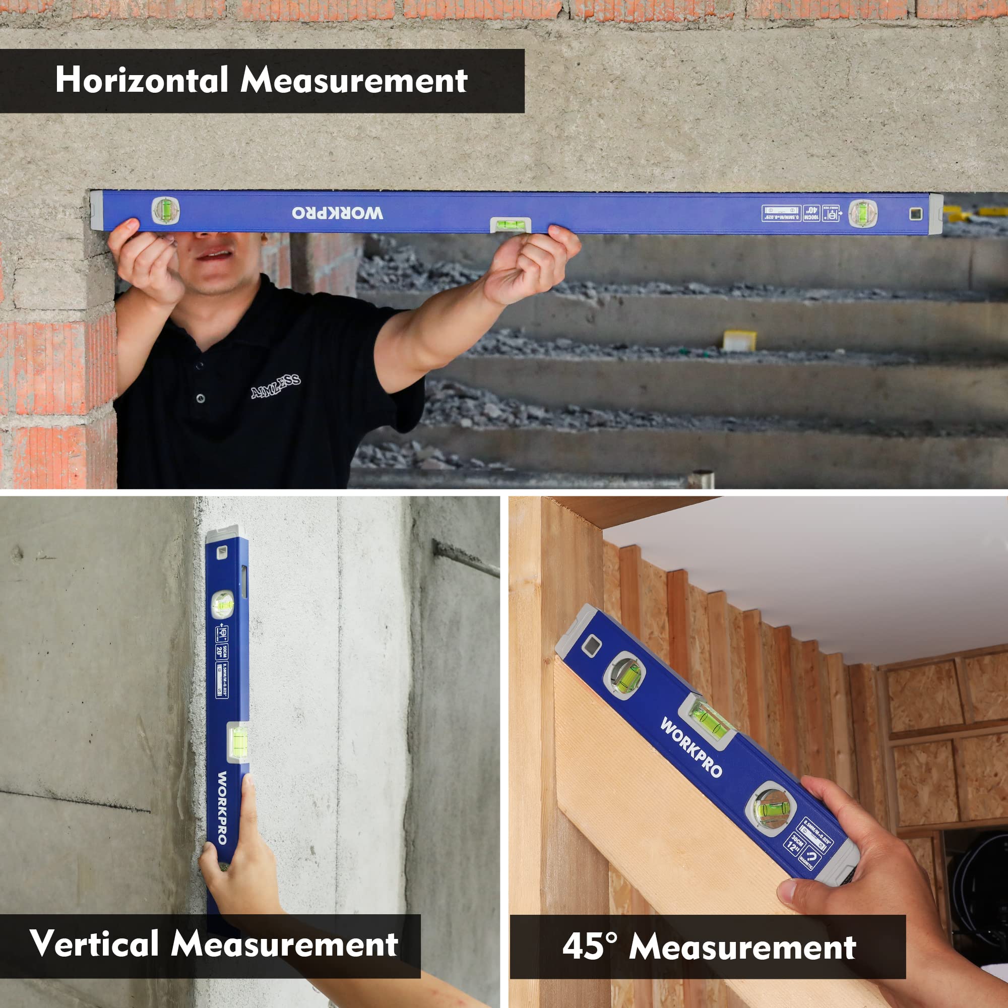 WORKPRO 3-Piece Spirit Level Set (12", 20", 40"), Level Set with Magnetic Torpedo Level, 45°/90°/180°Bubbles Measuring, Open Top View Design, Aluminium Alloy Levels with Carrying Bag