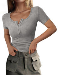 PRETTYGARDEN Women's 2025 Summer Short Sleeve Tops Ribbed Knit Henley Button Up Slim Fit Basic Casual T Shirts Blouse (Grey,Medium)