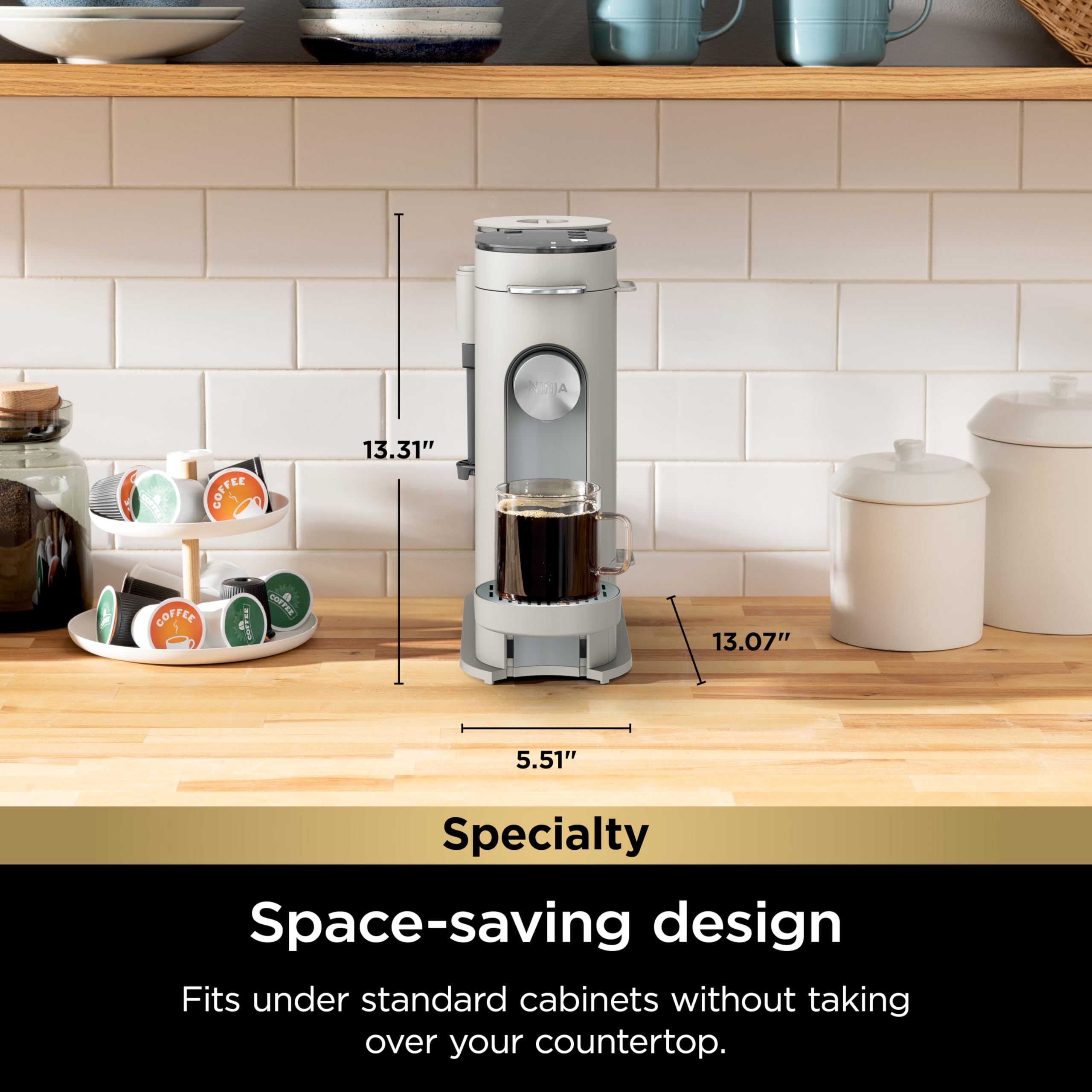 Ninja Pod & Grounds Specialty Single-Serve Coffee Maker, K-Cup Pod Compatible, Brews Grounds, Compact Design, Built-In Milk Frother, 56-oz. Reservoir, 6-oz. Cup to 24-oz. Mug Sizes, Stone, PB051ST