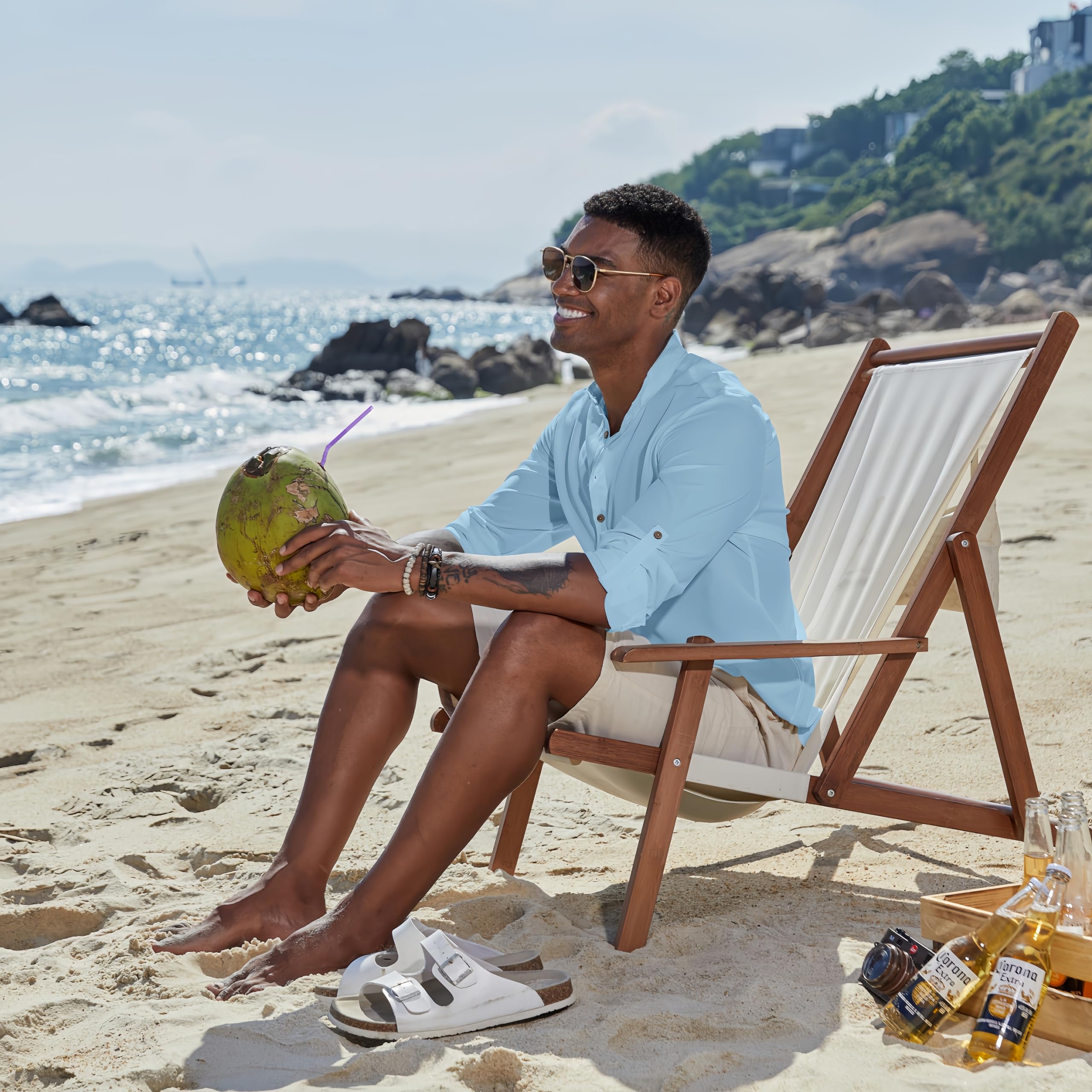 COOFANDY Men's T-Shirts Henley Shirts Summer Long Sleeve Beach Shirts Plain Casual Hippie Breathable Shirts Blue