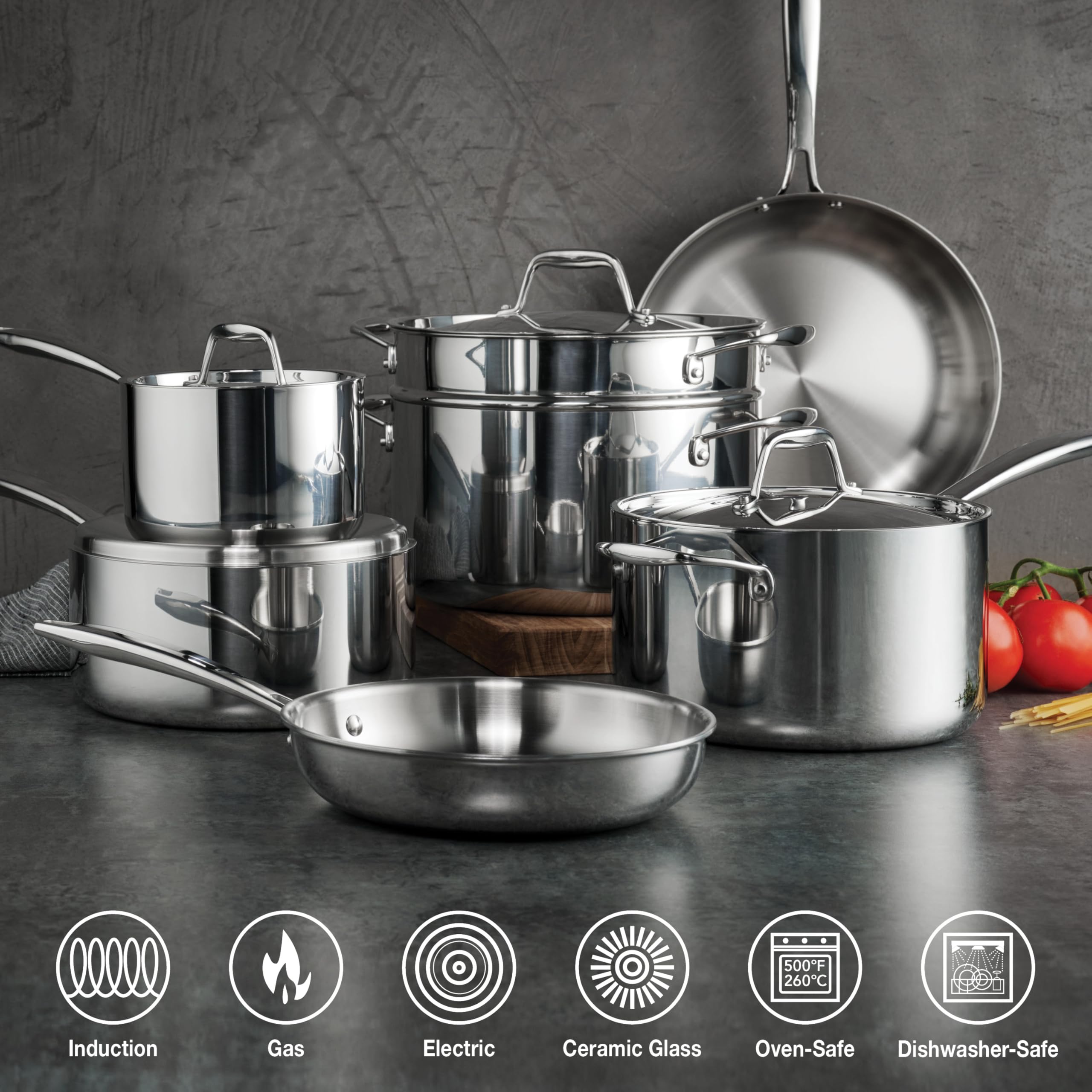 Tramontina Tri-Ply Clad Stainless Steel 11-Piece Cookware Set with Lids, Pots and Pans Kitchen Set, Induction-Ready, Dishwasher-Safe, NSF-Certified