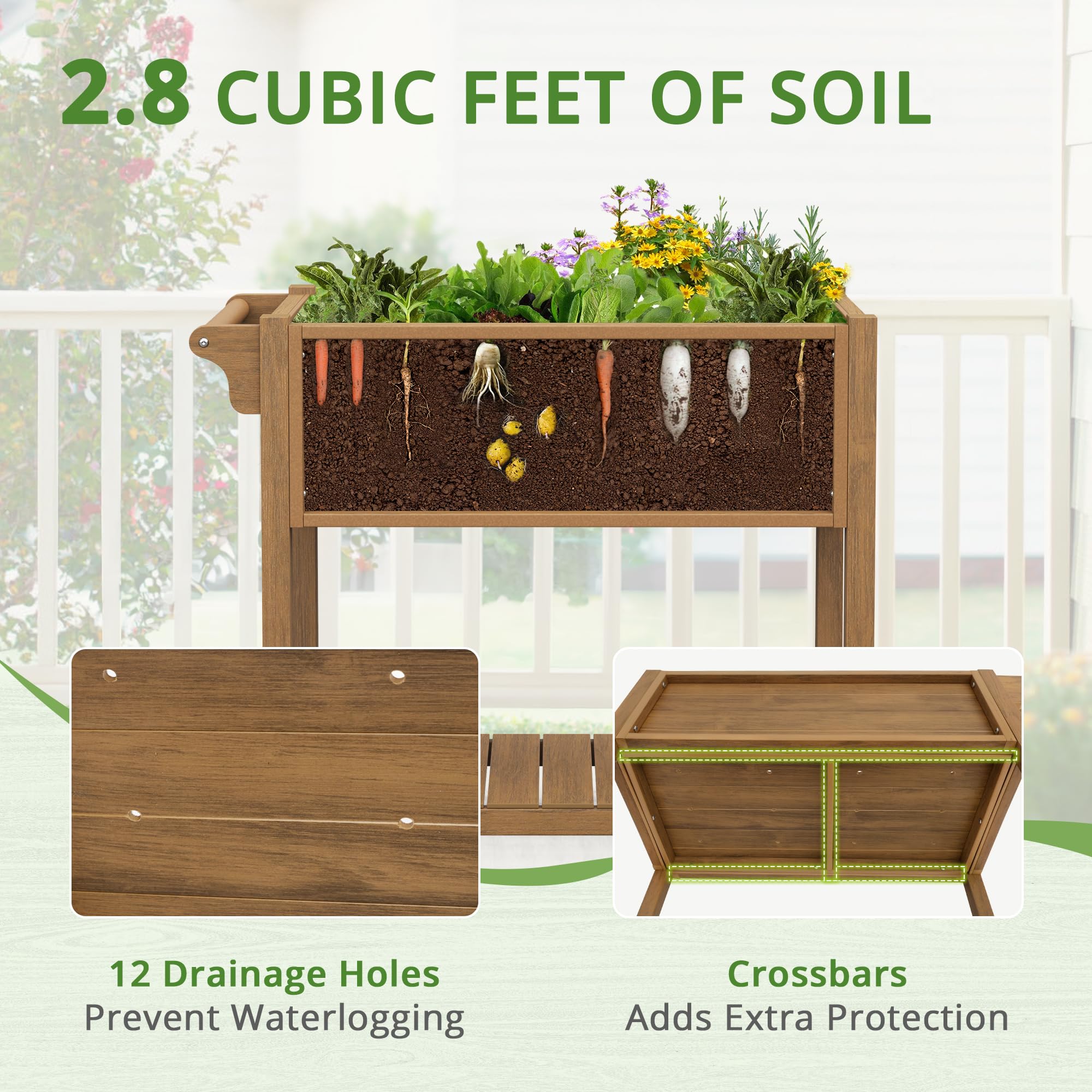 LUE BONA Raised Garden Beds Outdoor, 40 x 21 x 34 in, Raised Garden Bed with Wheels Lockable & Handlebar, Raised Garden Bed with Legs for Backyard, Weather Resistant, Teak Color-Oil Printed