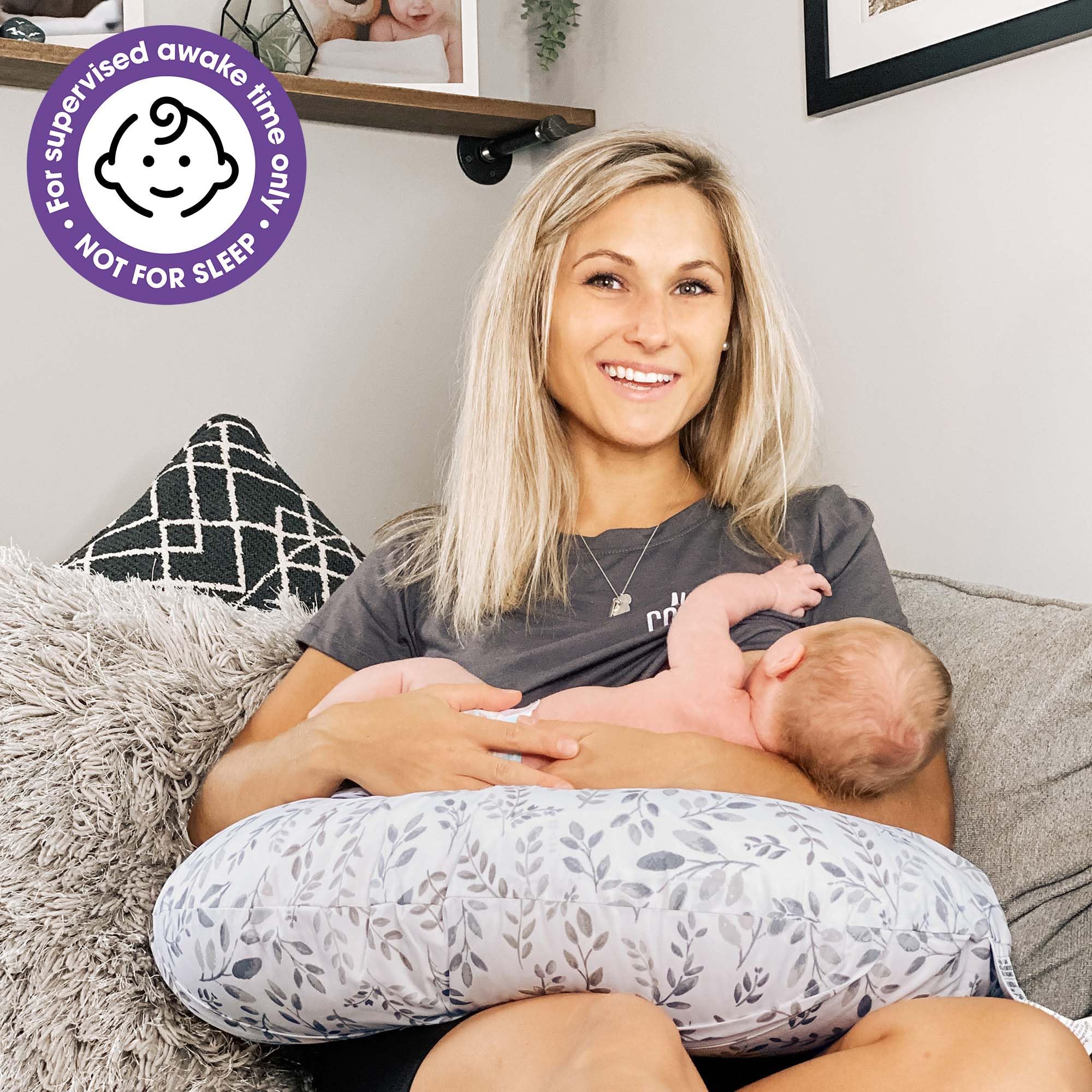 Boppy Nursing Pillow Original Support, Gray Taupe Leaves, Ergonomic Nursing Essentials for Bottle and Breastfeeding, Firm Fiber Fill, with Removable Nursing Pillow Cover, Machine Washable