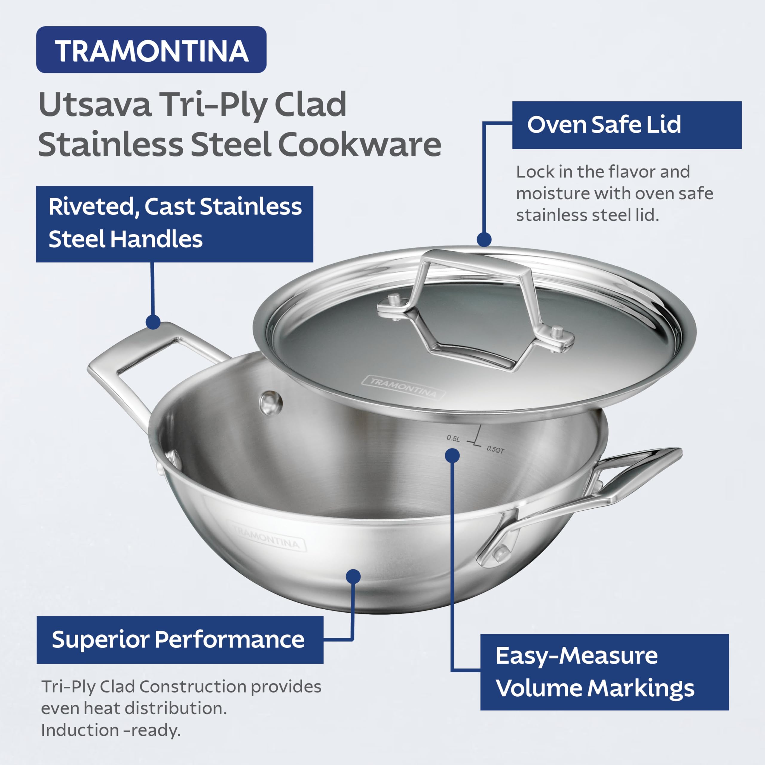 Tramontina Utsava 1.8-Quart Tri-Ply Clad Stainless Steel Kadai with Lid, Kadhai Pot for Indian Cooking