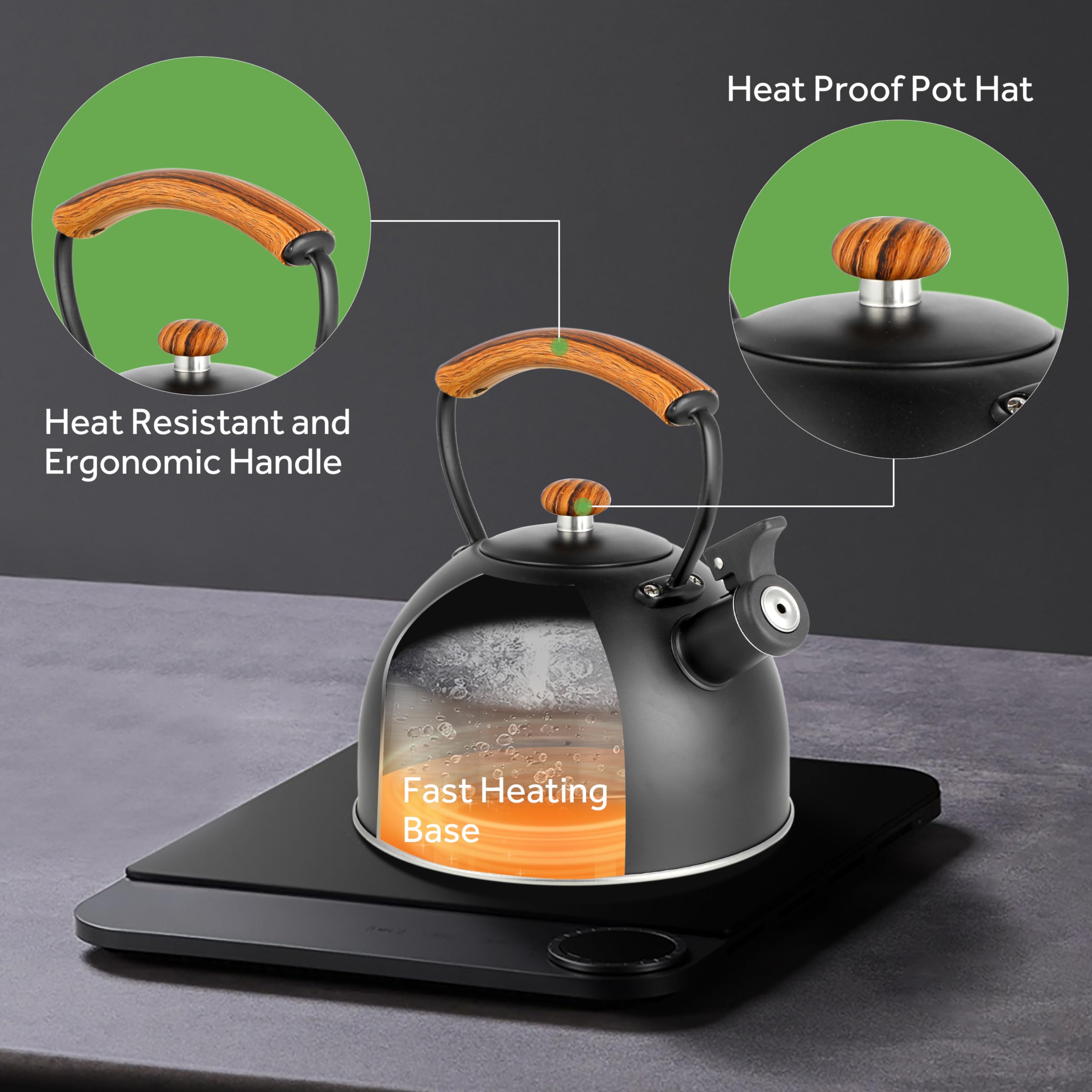 Whistling Stovetop Tea Kettle, 3.2 Quart Stainless Steel Teapot with Cool Touch Ergonomic Handle, Hot Water Fast to Boil, Black