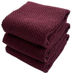 Purple Burgundy Wine Kitchen Hand Dish Towels: Oversized 28" x 18",100% Cotton Cloth Soft Cleaning Drying Absorbent Textured Design, Set of 3 Multipurpose for Everyday Use (Wine)