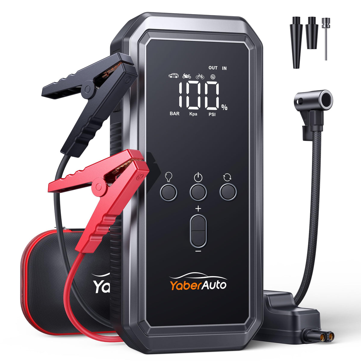 Portable Car Jump Starter with Air Compressor, YaberAuto 150PSI 4500A Car Battery Jump Starter (9.0 Gas/8.0L Diesel), 12V Jump Box Car Battery Jumper Starter with Large LCD Display, Lights