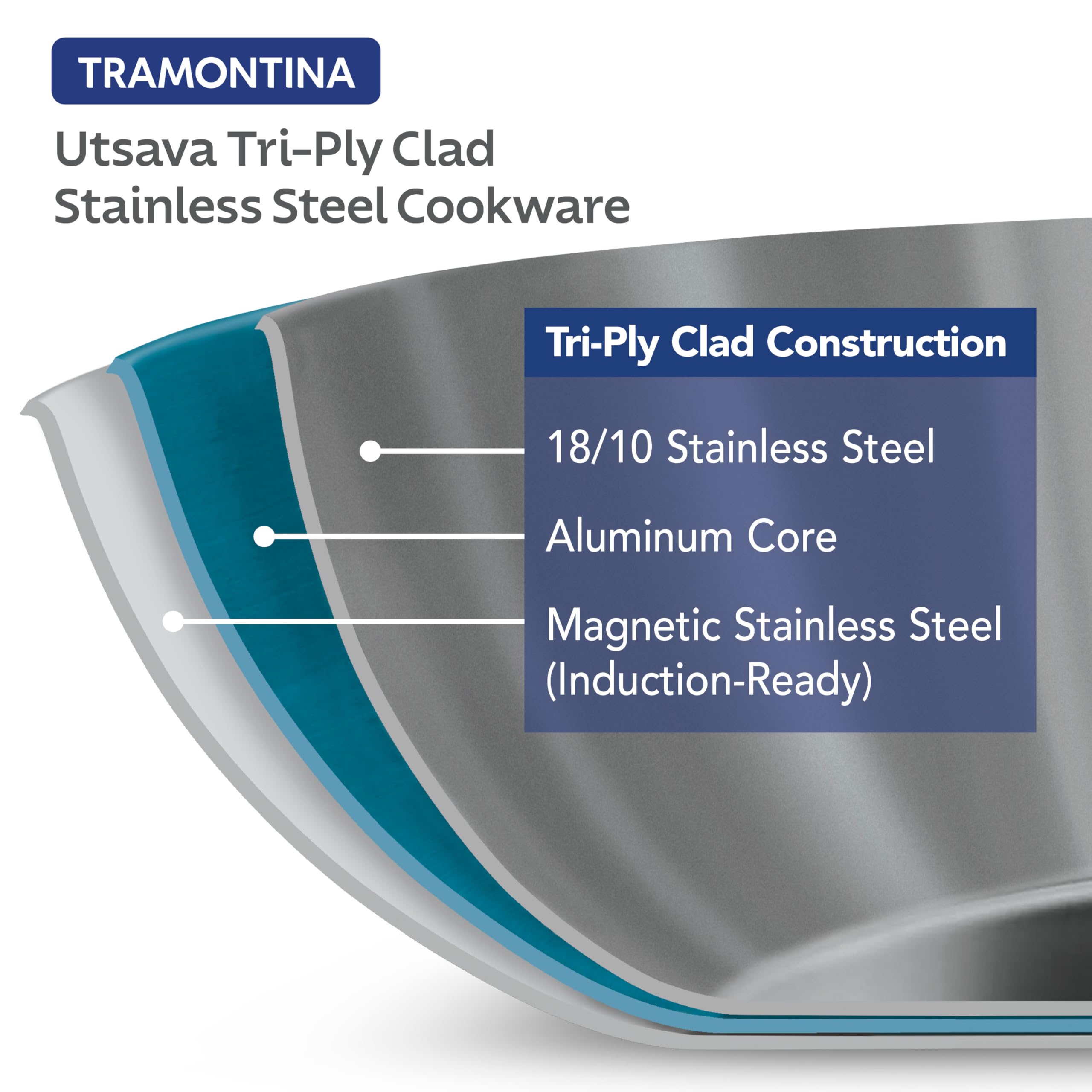Tramontina Utsava 1.8-Quart Tri-Ply Clad Stainless Steel Kadai with Lid, Kadhai Pot for Indian Cooking