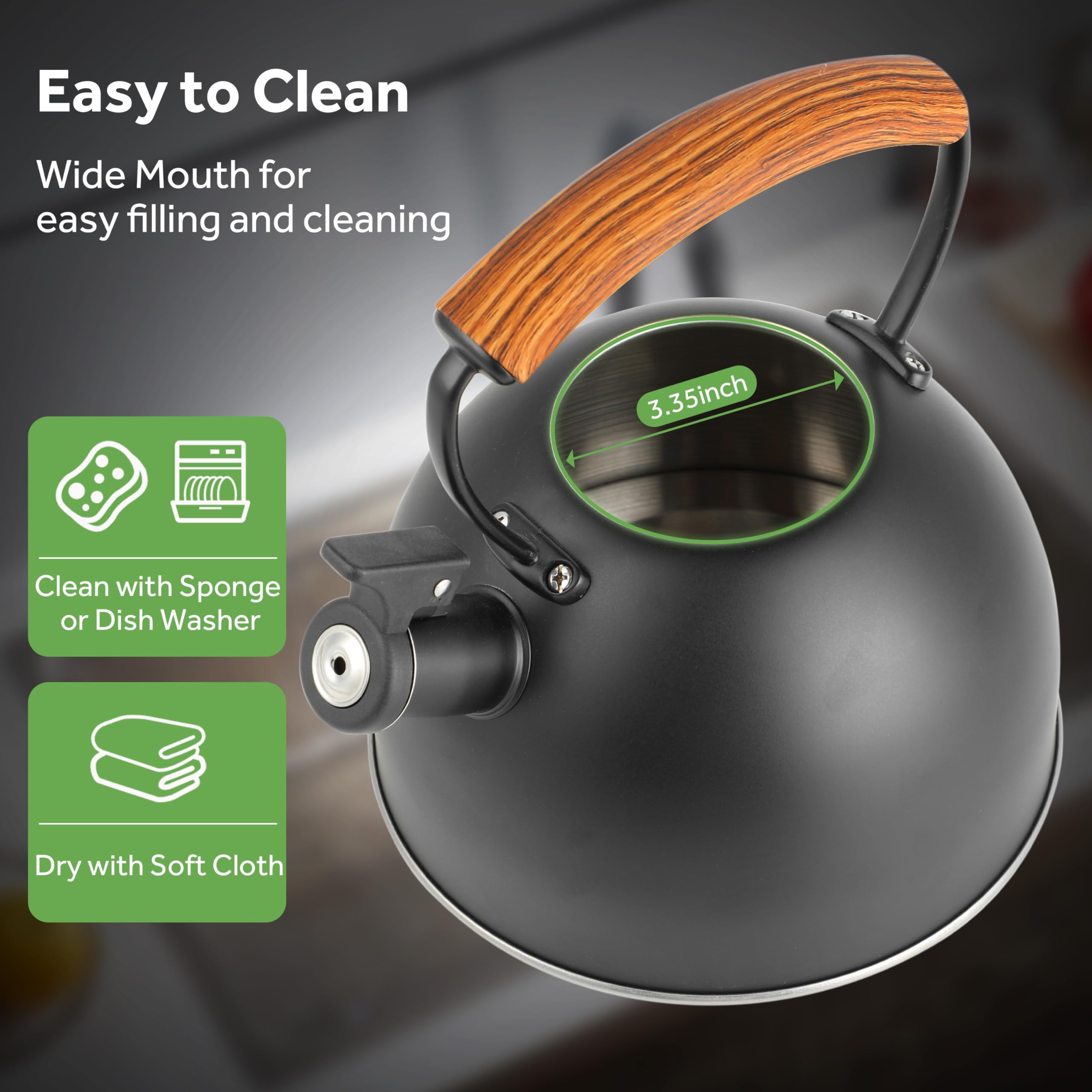 Whistling Stovetop Tea Kettle, 3.2 Quart Stainless Steel Teapot with Cool Touch Ergonomic Handle, Hot Water Fast to Boil, Black