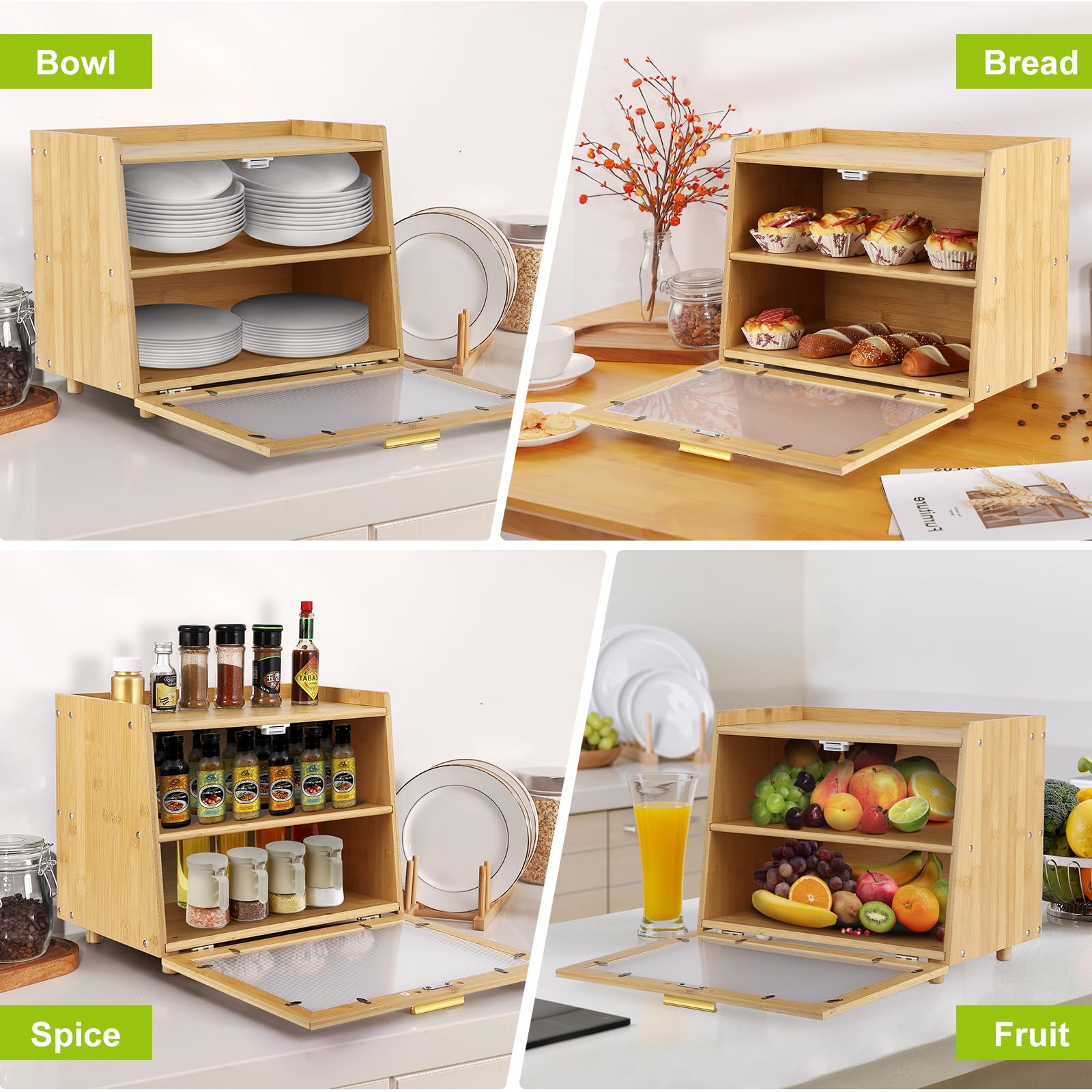 MilleLoom 2 Layer Bread Box, Modern Countertop Bread Storage Bin with Fence Top, Transparent Acrylic Door Panel, Farmhouse Bamboo Corner Bread Container Bread Keeper for Kitchen, Black
