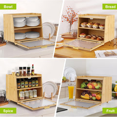 MilleLoom 2 Layer Bread Box, Modern Countertop Bread Storage Bin with Fence Top, Transparent Acrylic Door Panel, Farmhouse Bamboo Corner Bread Container Bread Keeper for Kitchen, Black