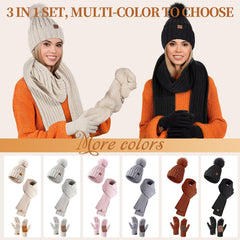 Womens Fleece Lined Winter Hat, Scarf and Glove Set - With Pom Pom Beanie, Long Scarf and Touchscreen Gloves (Oatmeal)