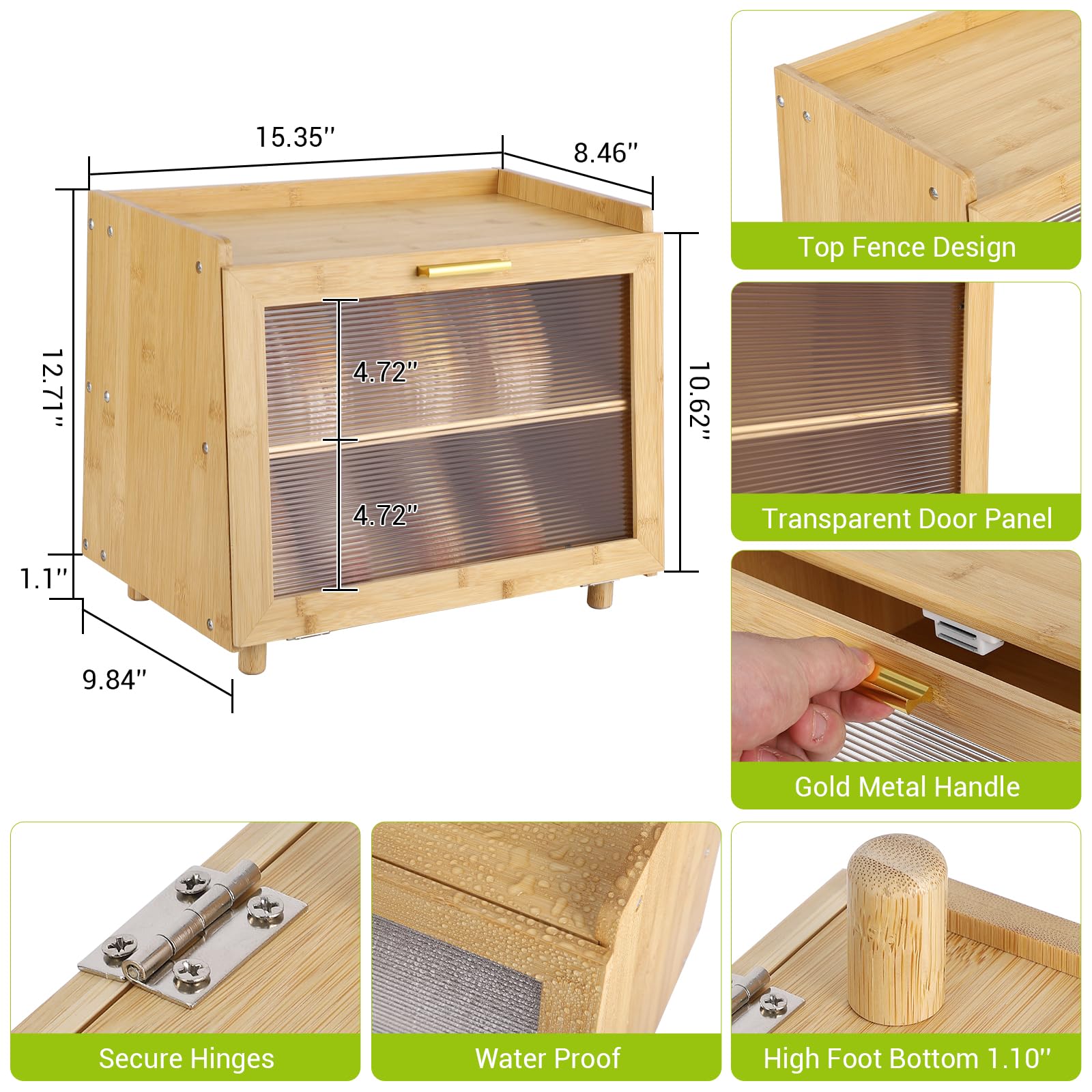 MilleLoom 2 Layer Bread Box, Modern Countertop Bread Storage Bin with Fence Top, Transparent Acrylic Door Panel, Farmhouse Bamboo Corner Bread Container Bread Keeper for Kitchen, Black