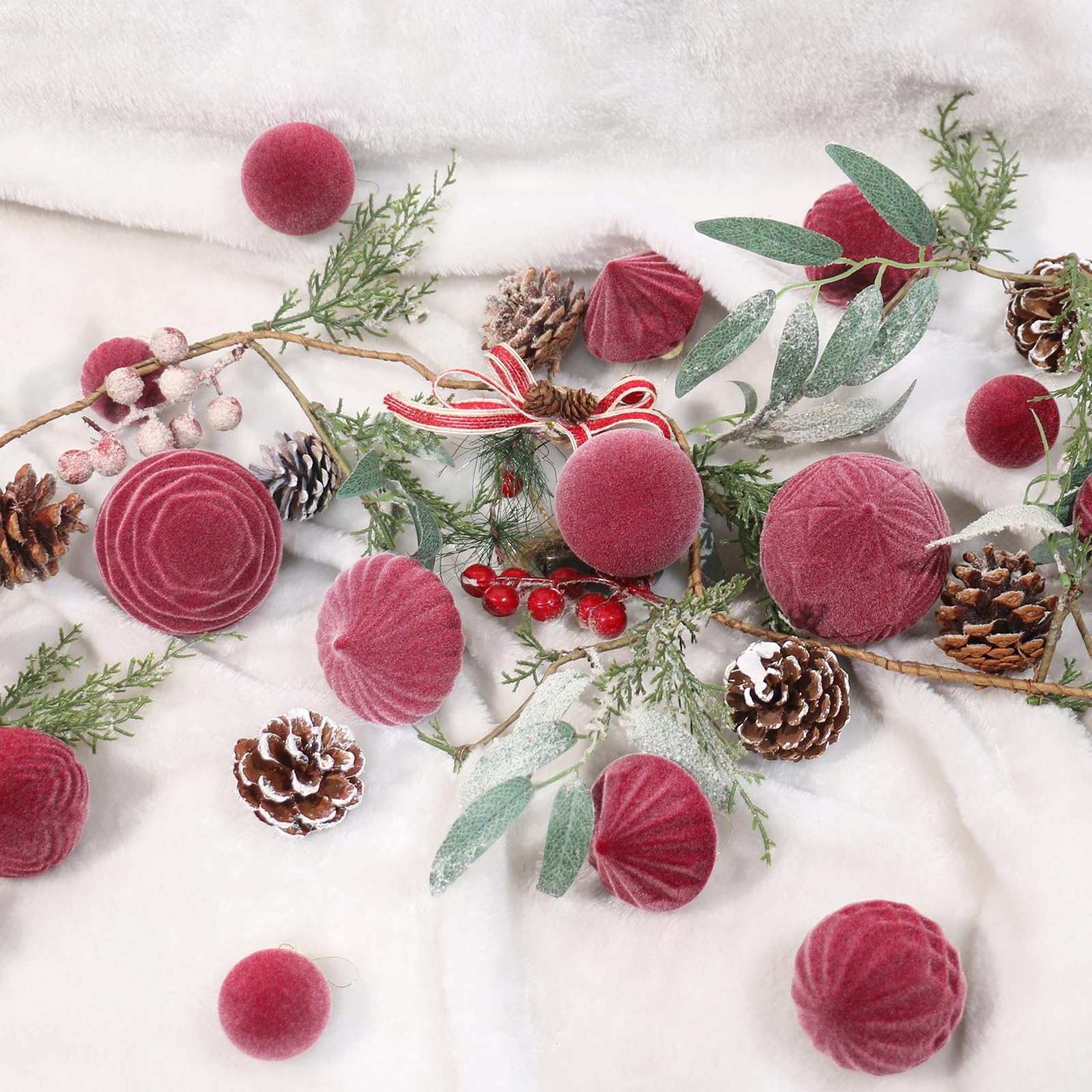 Super Holiday Velvet Christmas Ornaments Set, 35PCS Flocked Shatterproof Assorted Hanging Xmas Tree Ball Decorations, for Home Party Holiday Decor, Burgundy