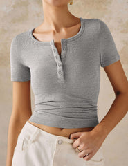 PRETTYGARDEN Women's 2025 Summer Short Sleeve Tops Ribbed Knit Henley Button Up Slim Fit Basic Casual T Shirts Blouse (Grey,Medium)