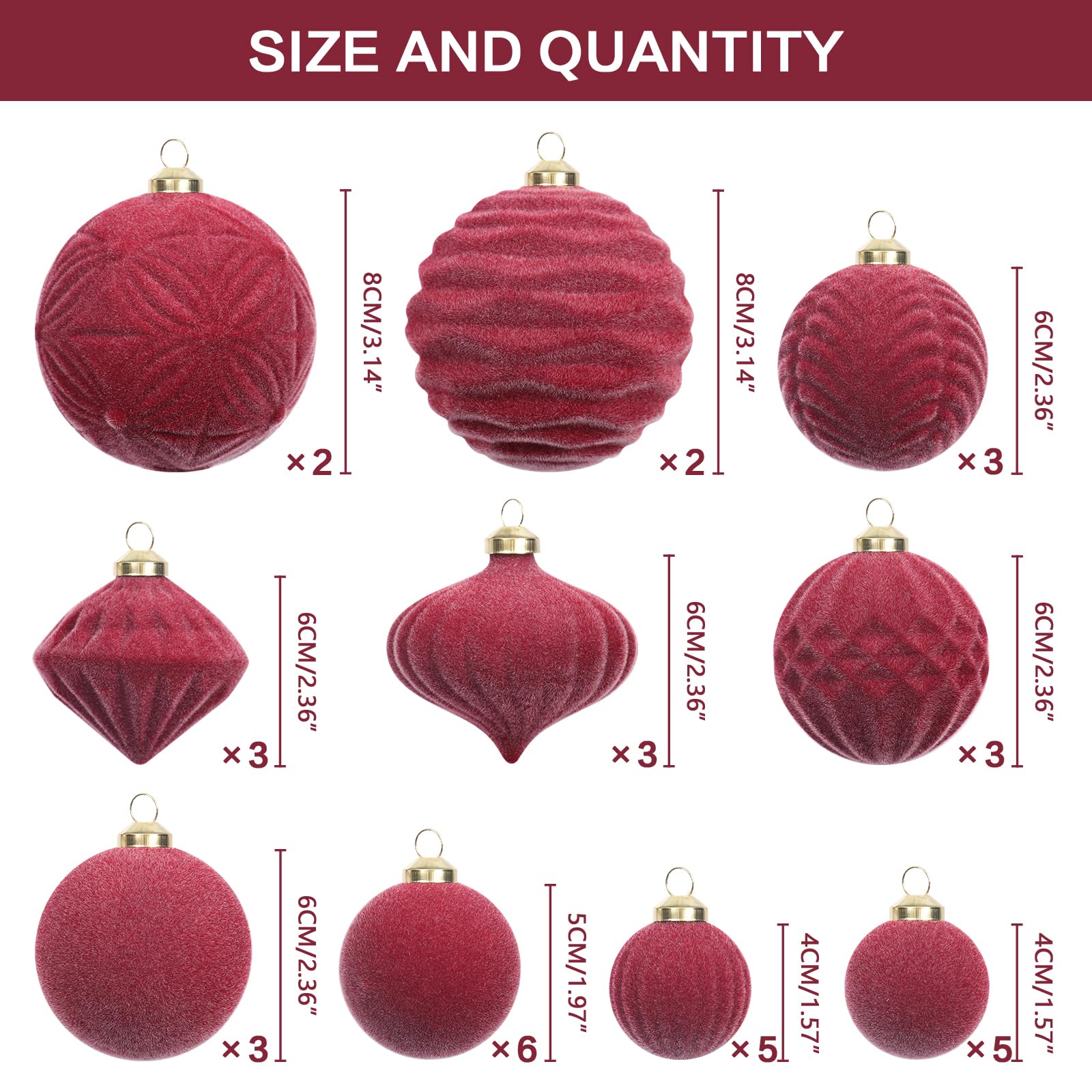 Super Holiday Velvet Christmas Ornaments Set, 35PCS Flocked Shatterproof Assorted Hanging Xmas Tree Ball Decorations, for Home Party Holiday Decor, Burgundy