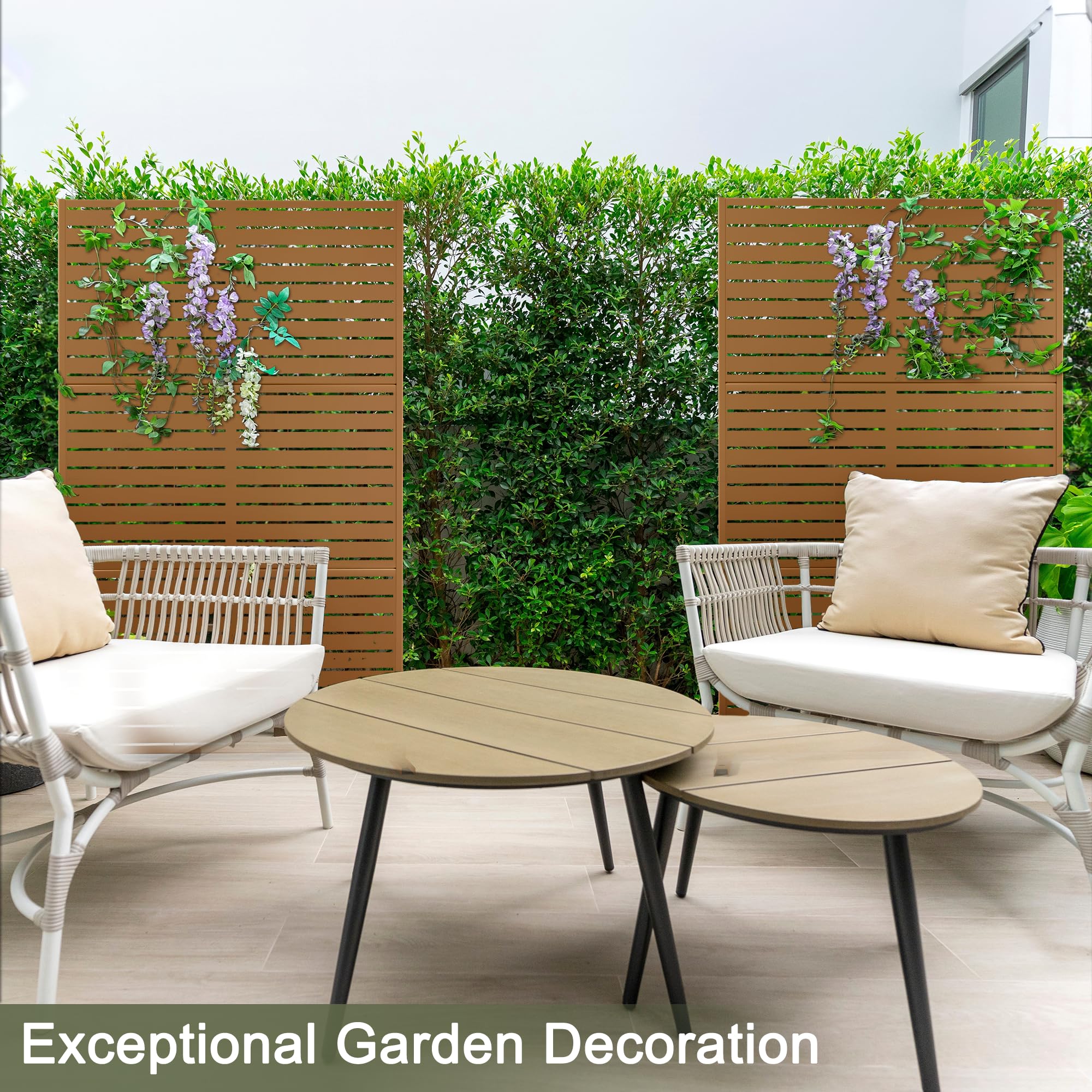 Metal Privacy Screen Outdoor Privacy Screen 72" H×47" W, Freestanding Decorative Privacy Screen for Balcony Patio Lawn Garden, Privacy Fence Privacy Panel-Brown&Louvered