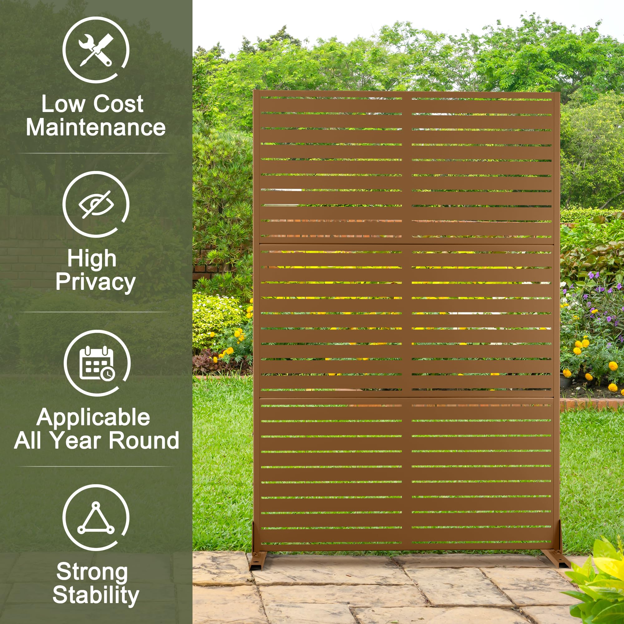 Metal Privacy Screen Outdoor Privacy Screen 72" H×47" W, Freestanding Decorative Privacy Screen for Balcony Patio Lawn Garden, Privacy Fence Privacy Panel-Brown&Louvered