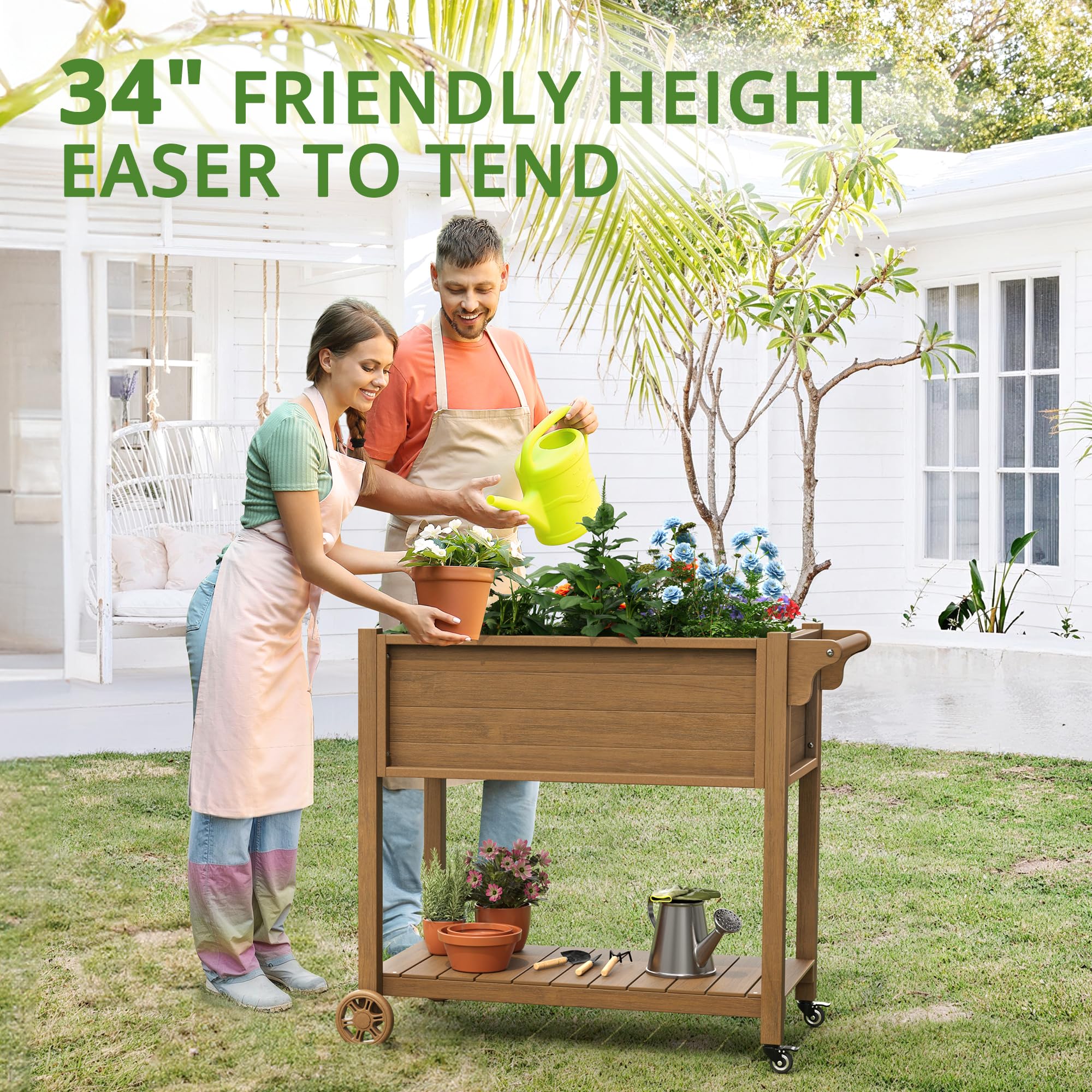 LUE BONA Raised Garden Beds Outdoor, 40 x 21 x 34 in, Raised Garden Bed with Wheels Lockable & Handlebar, Raised Garden Bed with Legs for Backyard, Weather Resistant, Teak Color-Oil Printed